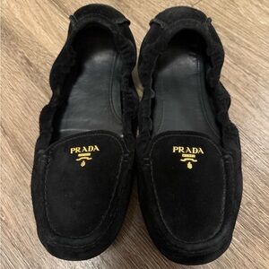 Prada Women's Black Suede Flats with Gold Logo